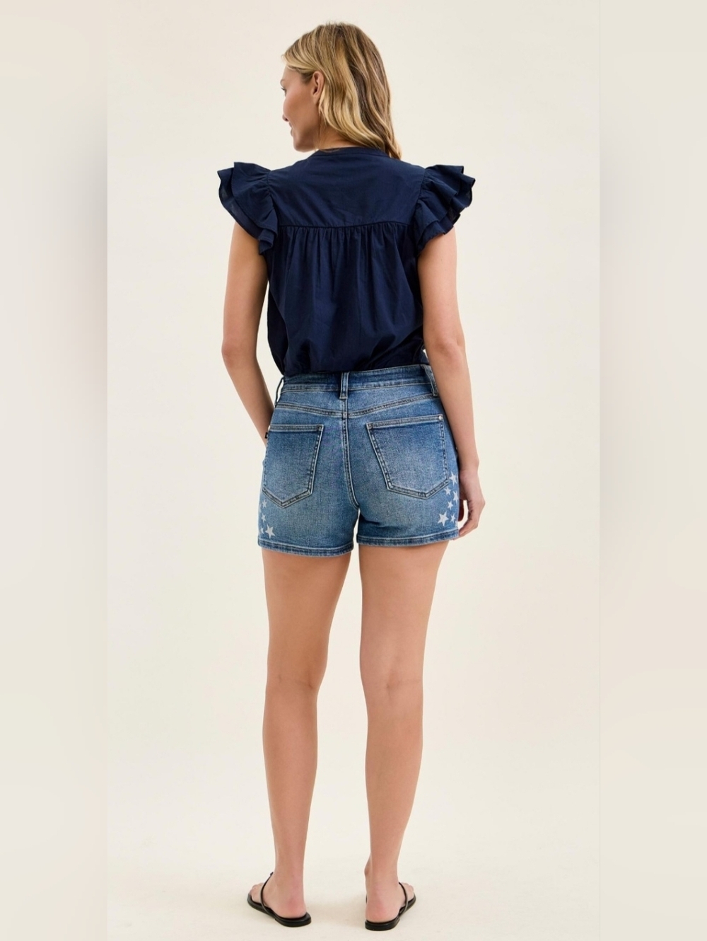 Judy Blue High Rise Medium Wash Slim Denim Shorts With Star Splatter Various NEW - Picture 7 of 10